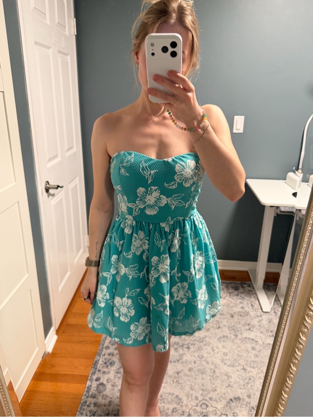 Turquoise Floral Strapless Summer Dress